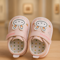 Baby Girl Shoes – Soft Pink PU Leather Prewalker with Cute Bunny Design,