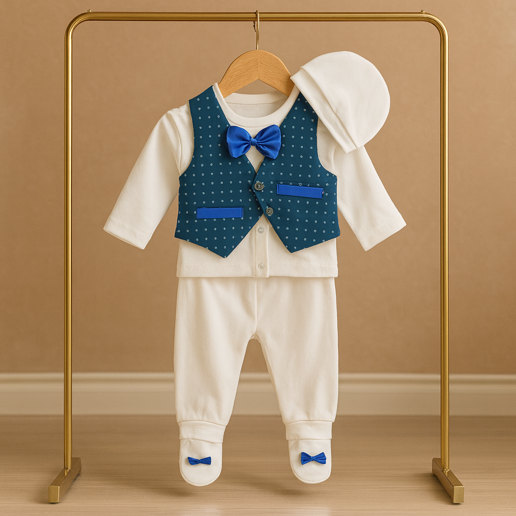 Newborn Baby Boy 5 Piece Suit Gift Set – Cotton Baba Suit with Waistcoat, Bow Tie, Cap, Mittens & Shoes – Soft Comfortable Outfit for baby boy