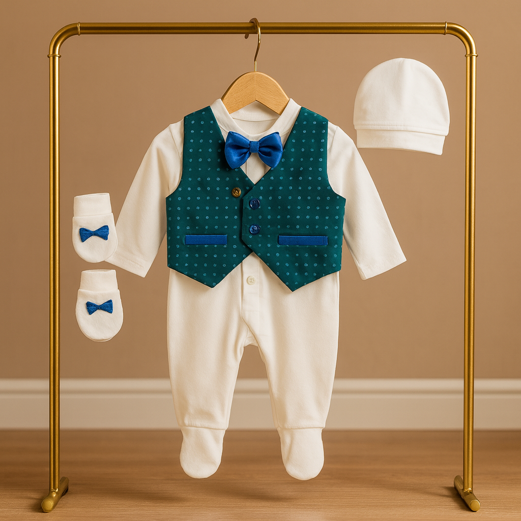 Newborn Baby Boy 5 Piece Suit Gift Set – Cotton Baba Suit with Waistcoat, Bow Tie, Cap, Mittens & Shoes – Soft Comfortable Outfit for baby boy