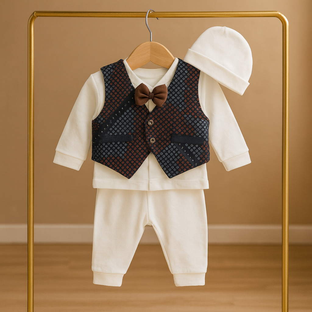 Newborn Baby Boy 5 Piece Suit Gift Set – Cotton Baba Suit with Waistcoat, Bow Tie, Cap, Mittens & Shoes – Soft Comfortable Outfit