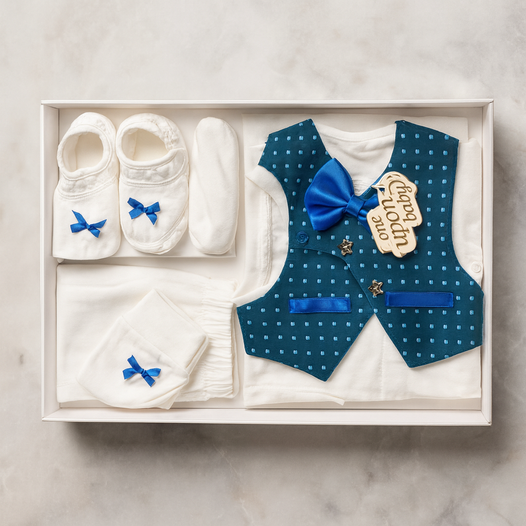 Newborn Baby Boy 5 Piece Suit Gift Set – Cotton Baba Suit with Waistcoat, Bow Tie, Cap, Mittens & Shoes – Soft Comfortable Outfit for baby boy