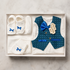 Newborn Baby Boy 5 Piece Suit Gift Set – Cotton Baba Suit with Waistcoat, Bow Tie, Cap, Mittens & Shoes – Soft Comfortable Outfit for baby boy