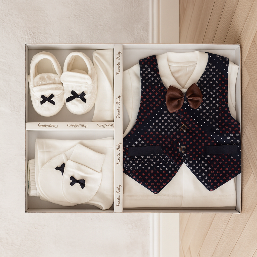 Newborn Baby Boy 5 Piece Suit Gift Set – Cotton Baba Suit with Waistcoat, Bow Tie, Cap, Mittens & Shoes – Soft Comfortable Outfit