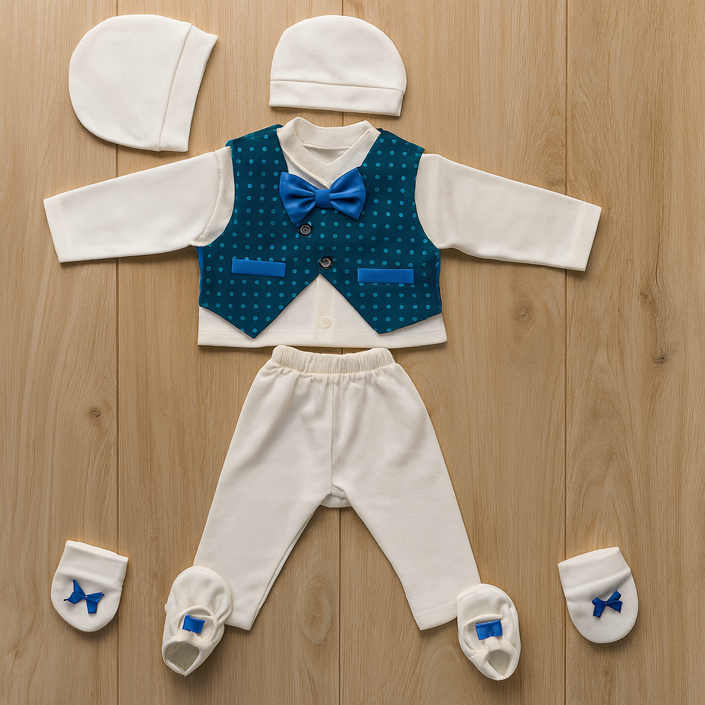 Newborn Baby Boy 5 Piece Suit Gift Set – Cotton Baba Suit with Waistcoat, Bow Tie, Cap, Mittens & Shoes – Soft Comfortable Outfit for baby boy