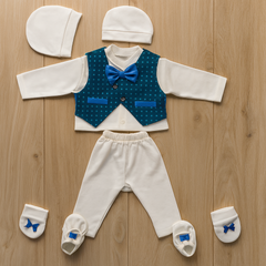 Newborn Baby Boy 5 Piece Suit Gift Set – Cotton Baba Suit with Waistcoat, Bow Tie, Cap, Mittens & Shoes – Soft Comfortable Outfit for baby boy