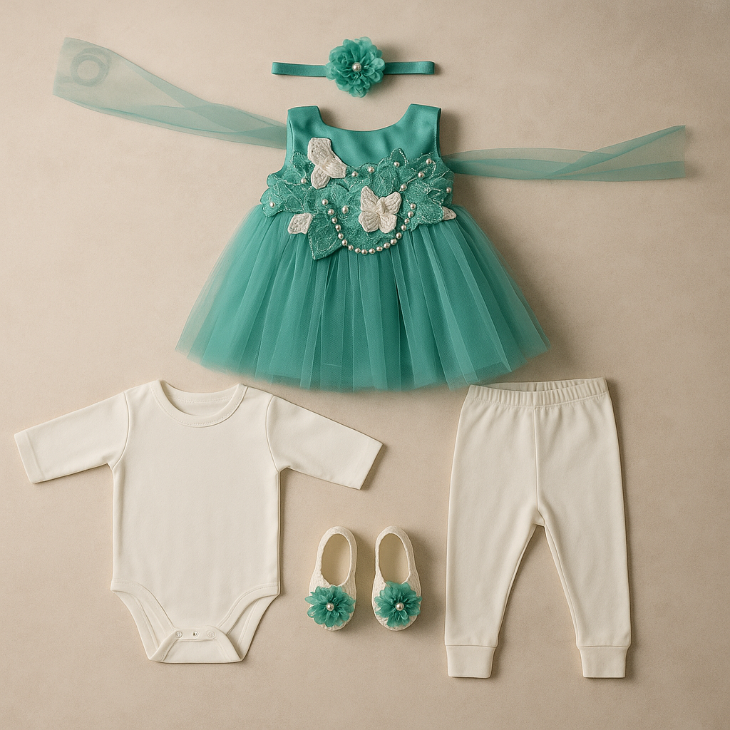 Newborn Baby Girl Fancy 5 Piece Party Wear Dress Set – Net Frock with Embroidery, Leggings, Headband, Shoes & Bodysuit – Stylish Outfit for Eid, Birthday ETC