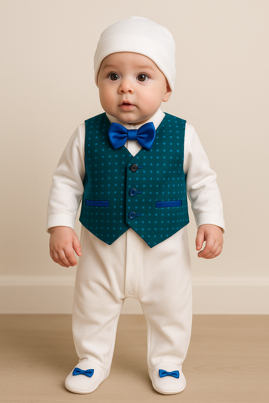 Newborn Baby Boy 5 Piece Suit Gift Set – Cotton Baba Suit with Waistcoat, Bow Tie, Cap, Mittens & Shoes – Soft Comfortable Outfit for baby boy
