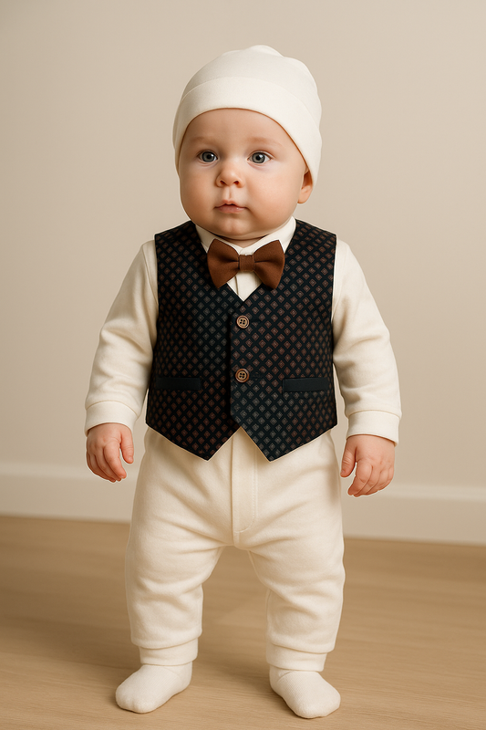 Newborn Baby Boy 5 Piece Suit Gift Set – Cotton Baba Suit with Waistcoat, Bow Tie, Cap, Mittens & Shoes – Soft Comfortable Outfit