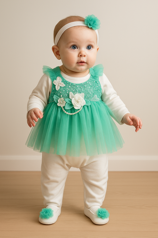 Newborn Baby Girl Fancy 5 Piece Party Wear Dress Set – Net Frock with Embroidery, Leggings, Headband, Shoes & Bodysuit – Stylish Outfit for Eid, Birthday ETC