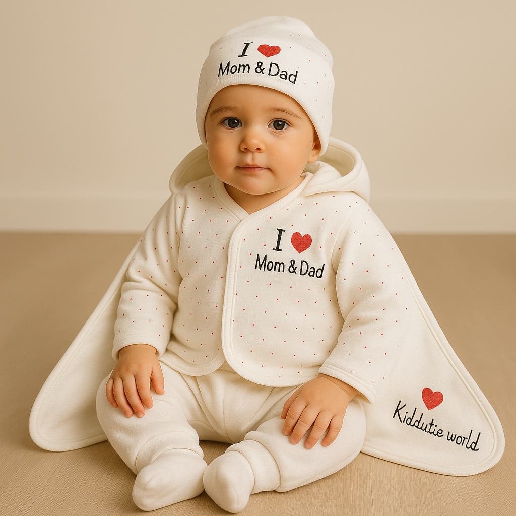 Newborn Baby Gift Set | 6 Piece Cotton Clothing Set with “I Love Mom & Dad” Design