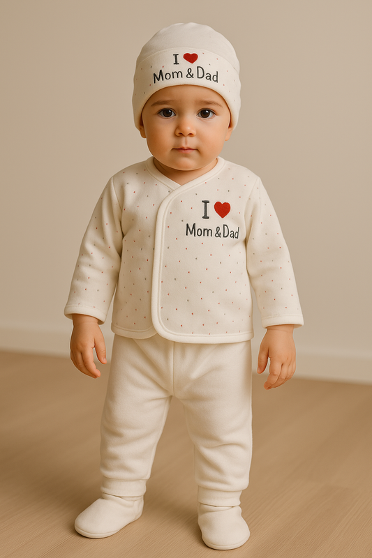 Newborn Baby Gift Set | 6 Piece Cotton Clothing Set with “I Love Mom & Dad” Design