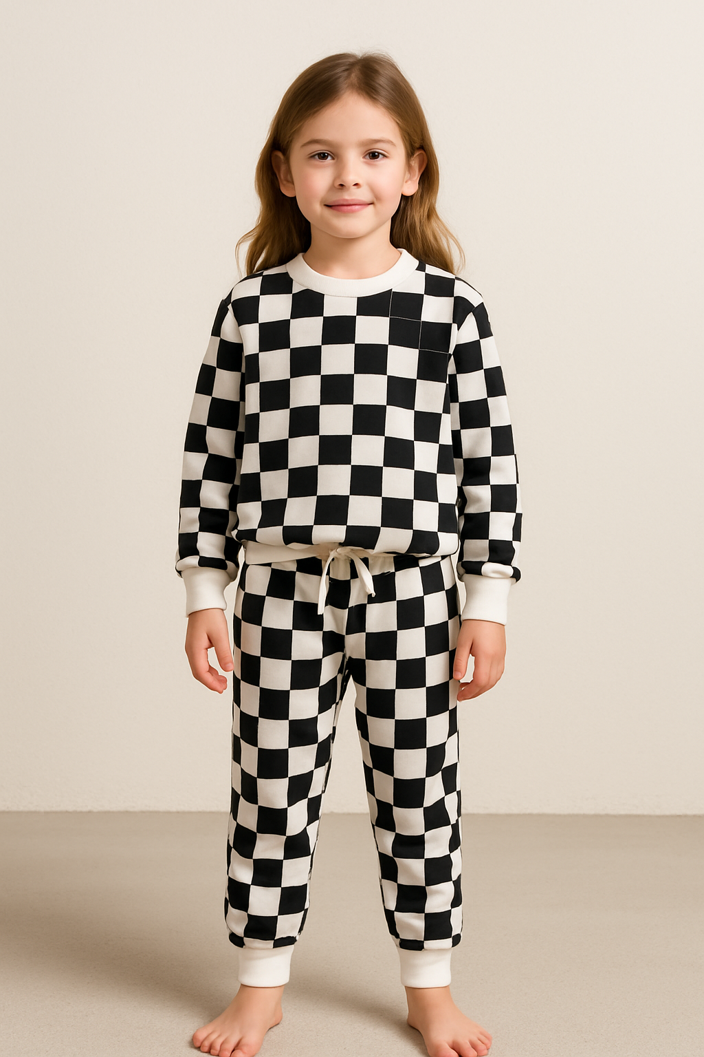 Girls’ Premium Checkered Tracksuit – Soft, Stylish & Everyday Cozy