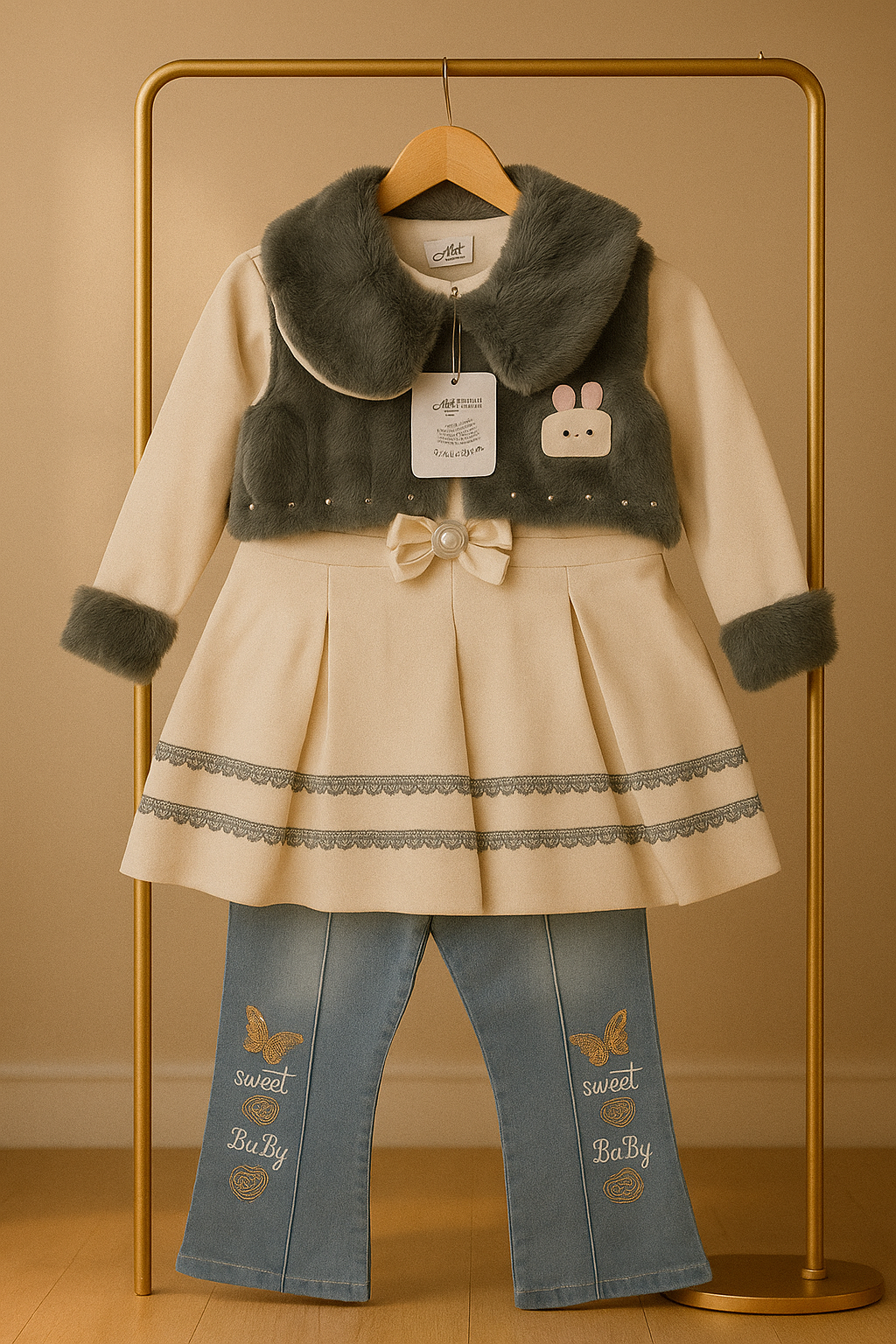 Sweet Baby Winter Outfit – Fur Vest, Dress & Jeans Set