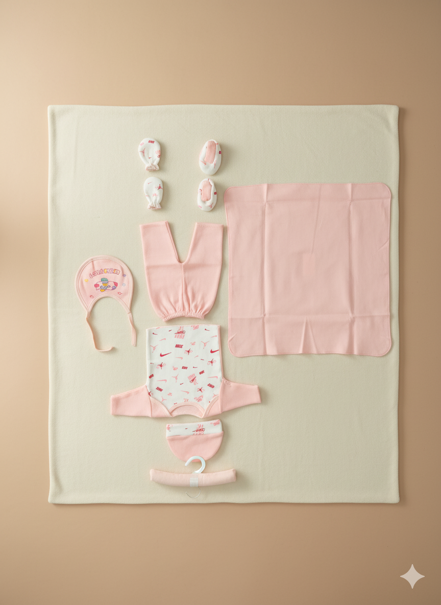 Newborn Baby Clothing Gift Set 8 Pcs – Soft Cotton Shirt Pajama, Cap, Bib, Mittens, Socks, Towel, Hanger