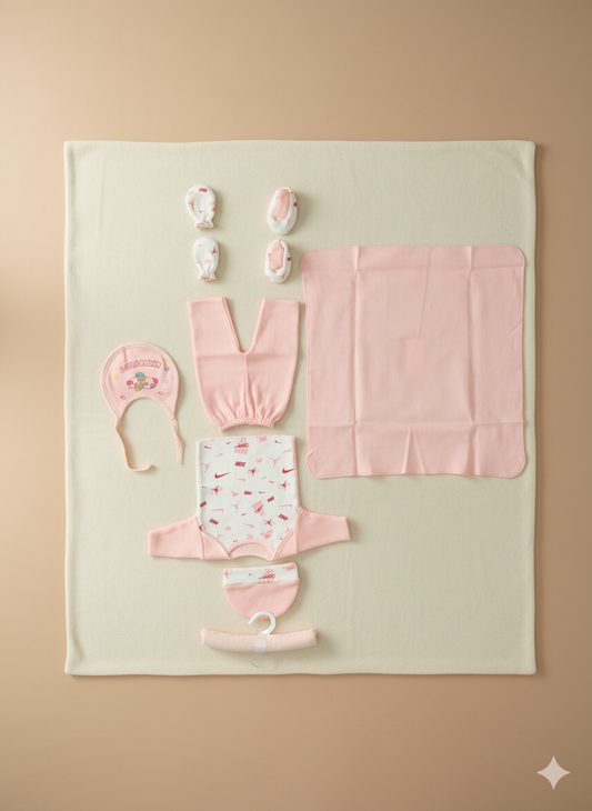 Newborn Baby Clothing Gift Set 8 Pcs – Soft Cotton Shirt Pajama, Cap, Bib, Mittens, Socks, Towel, Hanger