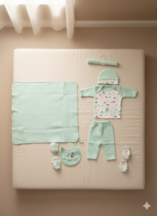 Newborn Baby Clothing Gift Set 8 Pcs – Soft Cotton Shirt Pajama, Cap, Bib, Mittens, Socks, Towel, Hanger.