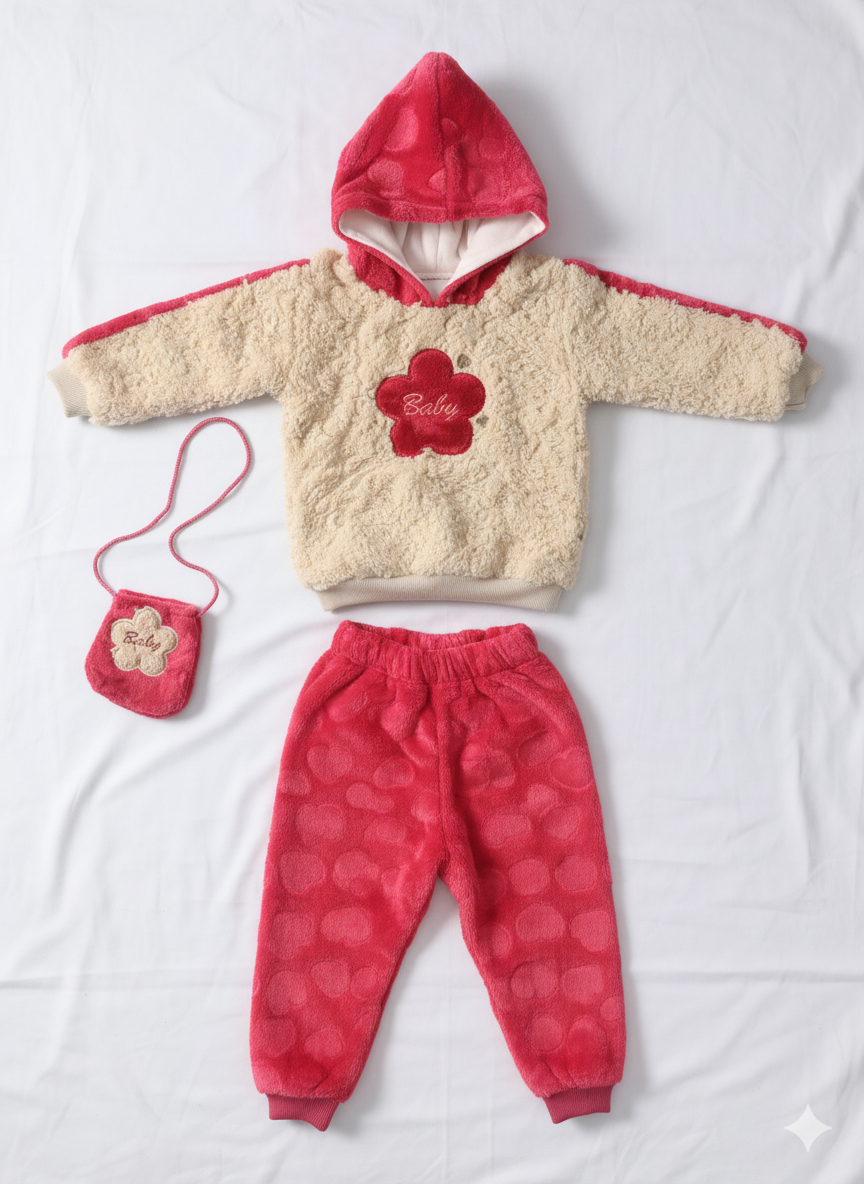 Soft Fleece Baby Winter Suit – Cozy 2-Piece Set with Cute Flower Bag