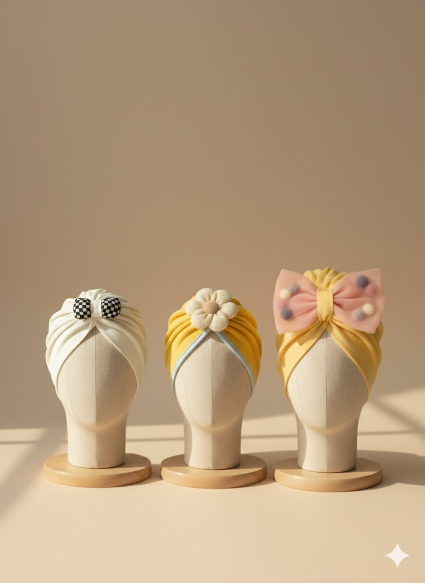 Pack of 3 Baby Cotton Turban Cap with Flower Design