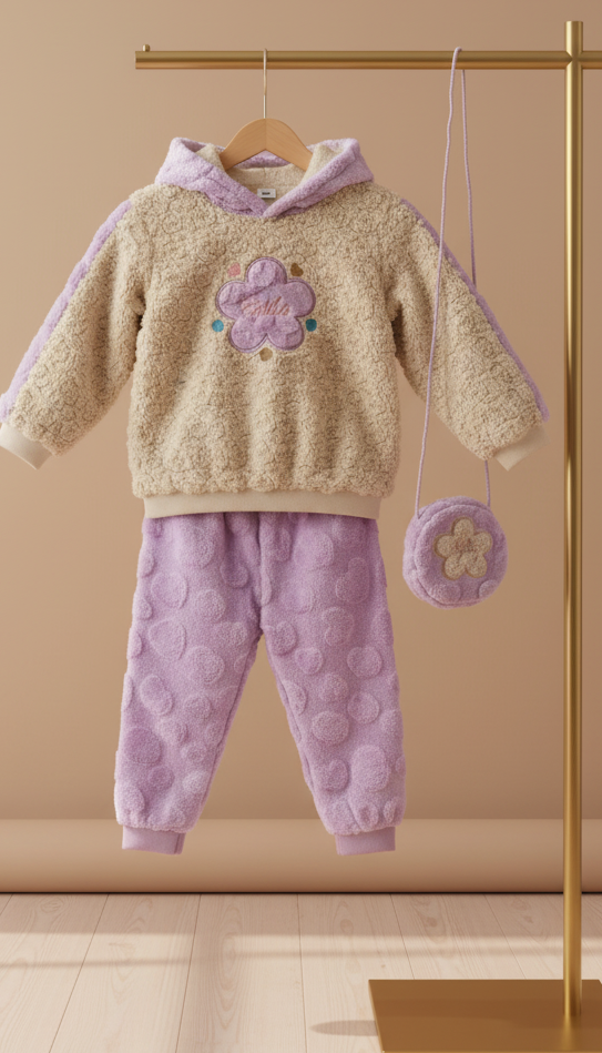 Soft Fleece Baby Winter Suit – Cozy 2-Piece Set with Cute Flower Bag