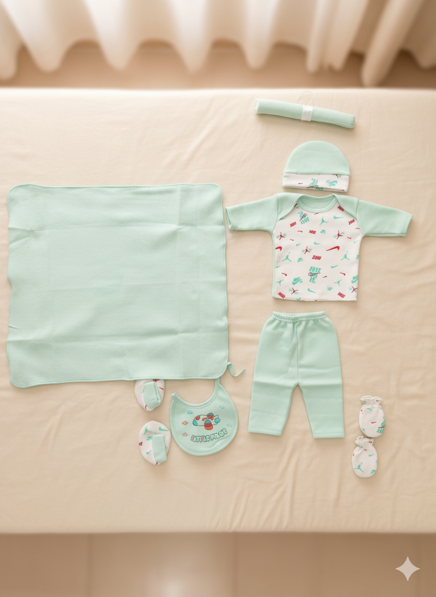 Newborn Baby Clothing Gift Set 8 Pcs – Soft Cotton Shirt Pajama, Cap, Bib, Mittens, Socks, Towel, Hanger.