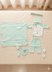Newborn Baby Clothing Gift Set 8 Pcs – Soft Cotton Shirt Pajama, Cap, Bib, Mittens, Socks, Towel, Hanger.