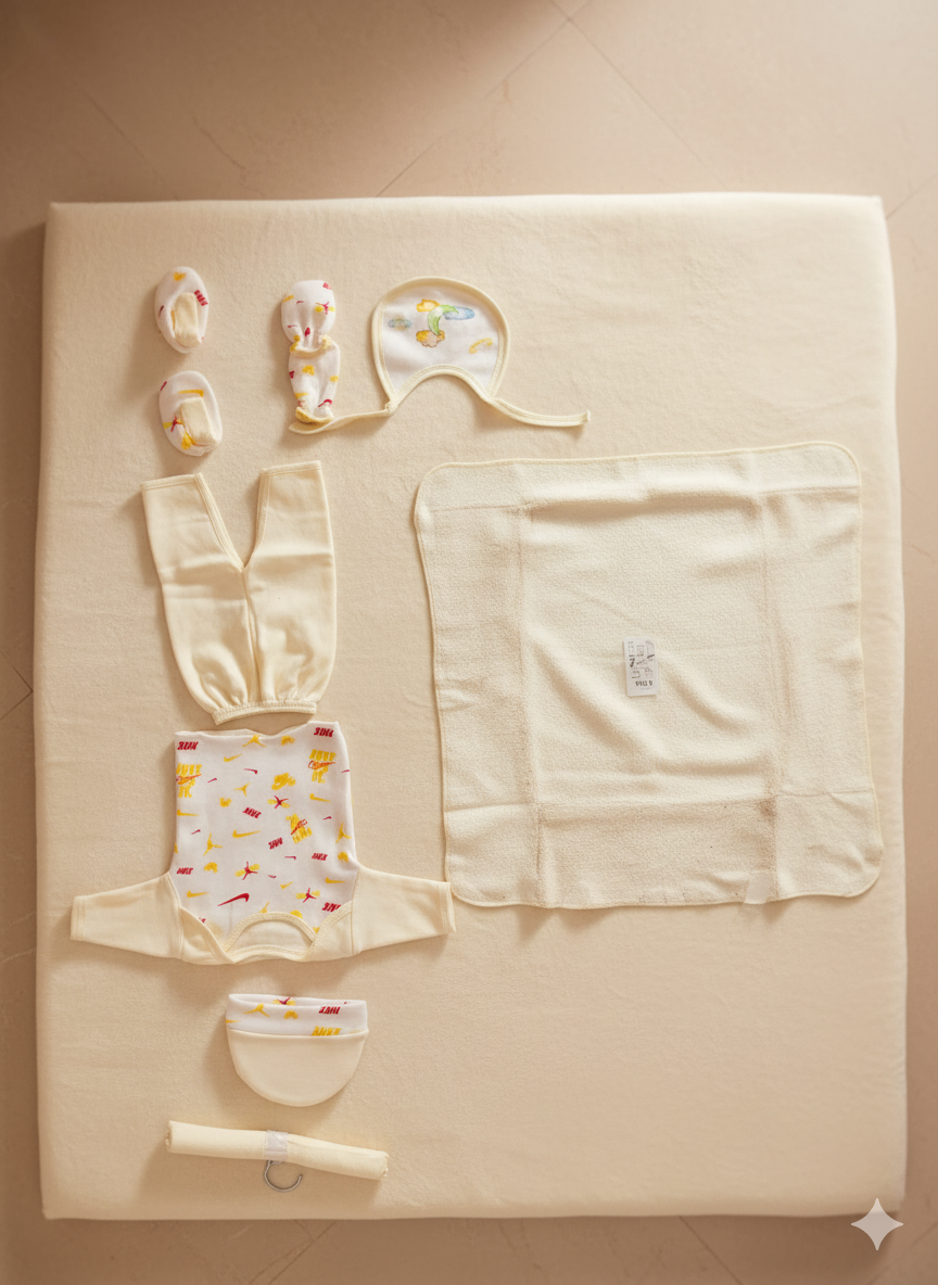 Newborn Baby Clothing Gift Set 8 Pcs – Soft Cotton Shirt Pajama, Cap, Bib, Mittens, Socks, Towel, Hanger