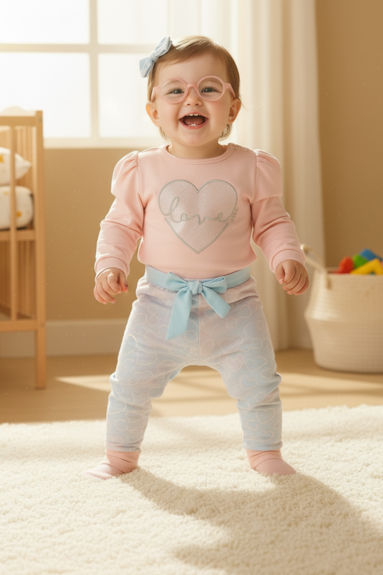 Baby Girl 2 Piece Suit | Cotton Top with Love Heart Design