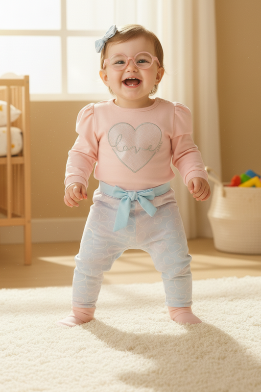 Baby Girl 2 Piece Suit | Cotton Top with Love Heart Design