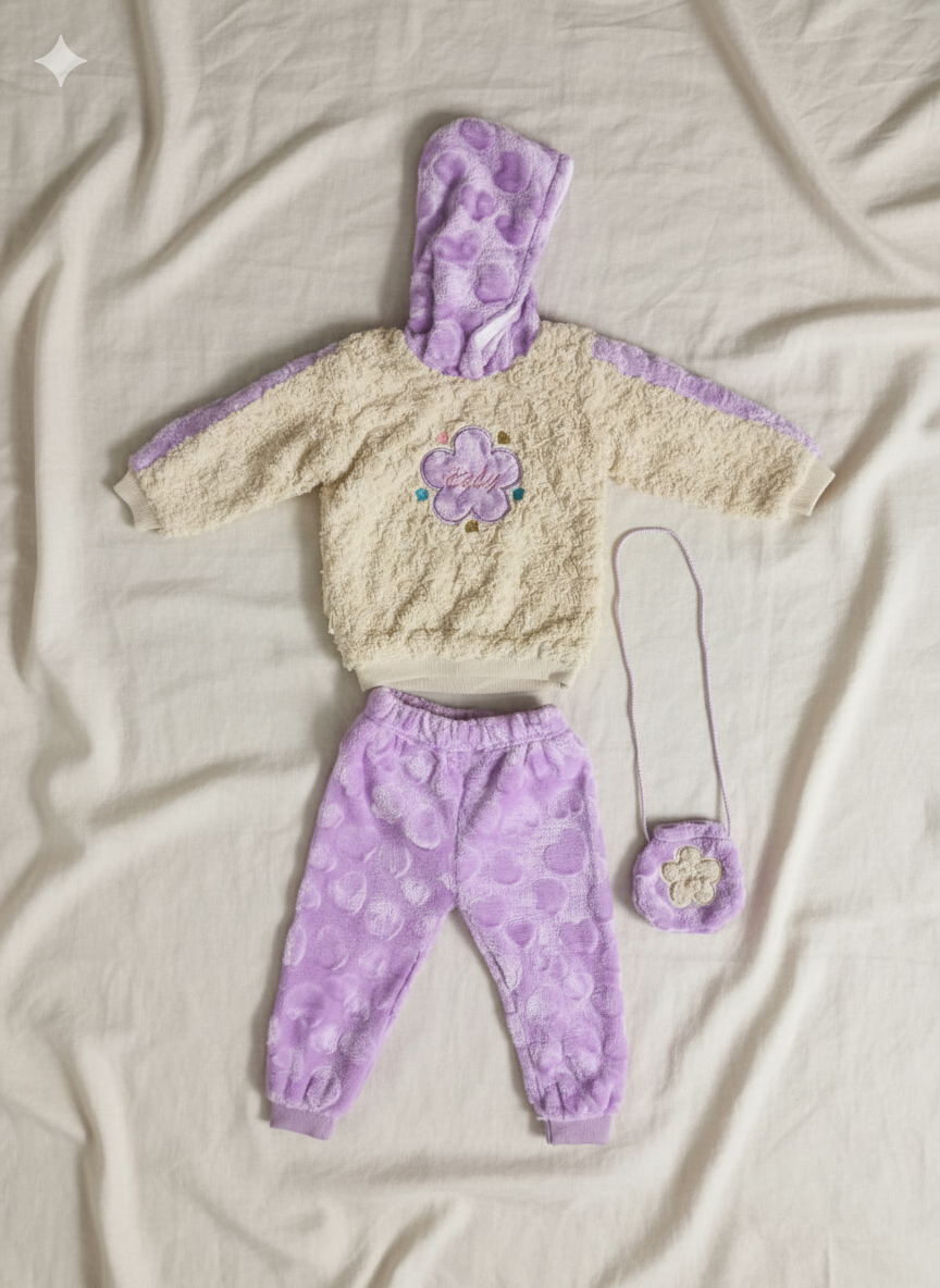 Soft Fleece Baby Winter Suit – Cozy 2-Piece Set with Cute Flower Bag