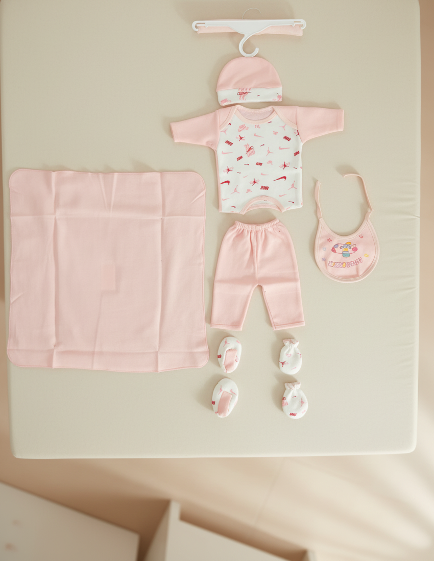 Newborn Baby Clothing Gift Set 8 Pcs – Soft Cotton Shirt Pajama, Cap, Bib, Mittens, Socks, Towel, Hanger