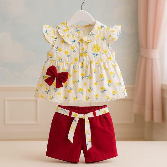 Sunshine Bloom Baby Girl Summer Set – Floral Top & Red Shorts