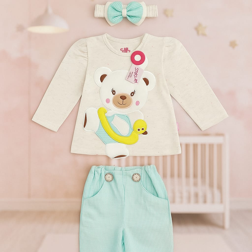 Cute Bear Baby Outfit Set – 3Pc Cotton Suit with Headband (Mint Green)