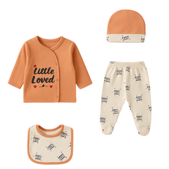 Little & Loved" 4-Piece Baby Outfit Set – Cozy Taupe with Heart Accents
