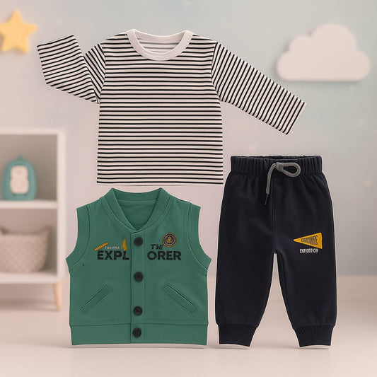 Baby Boy Winter Outfit 3 Piece Set | Full Sleeve Striped Shirt