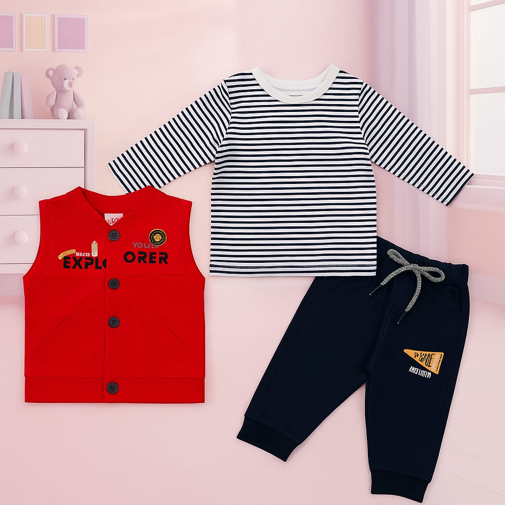 Baby Boy Winter Outfit 3 Piece Set | Full Sleeve Striped Shirt