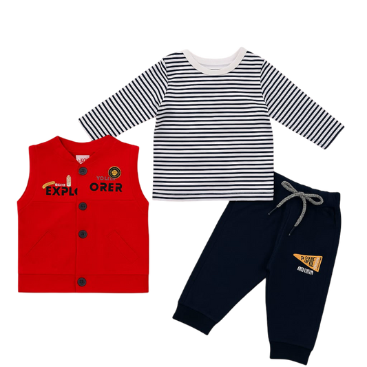Baby Boy Winter Outfit 3 Piece Set | Full Sleeve Striped Shirt