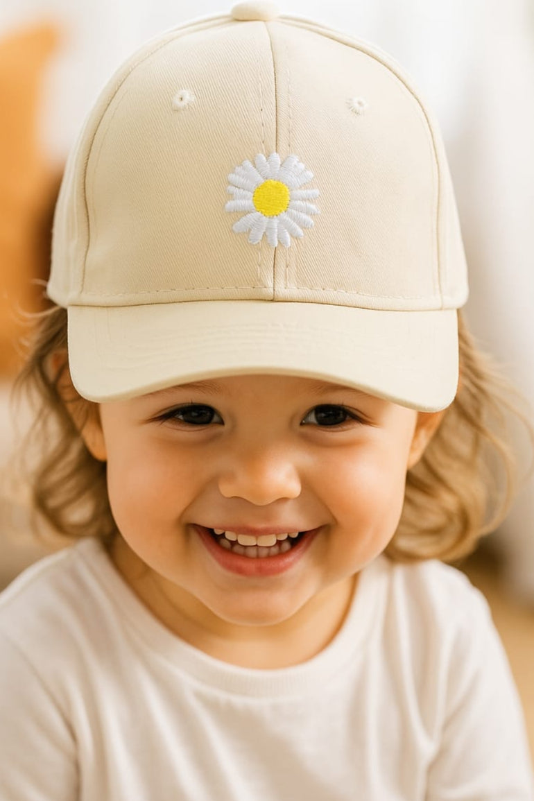 Sunny Daisy Toddler Cap – Beige Embroidered Charm