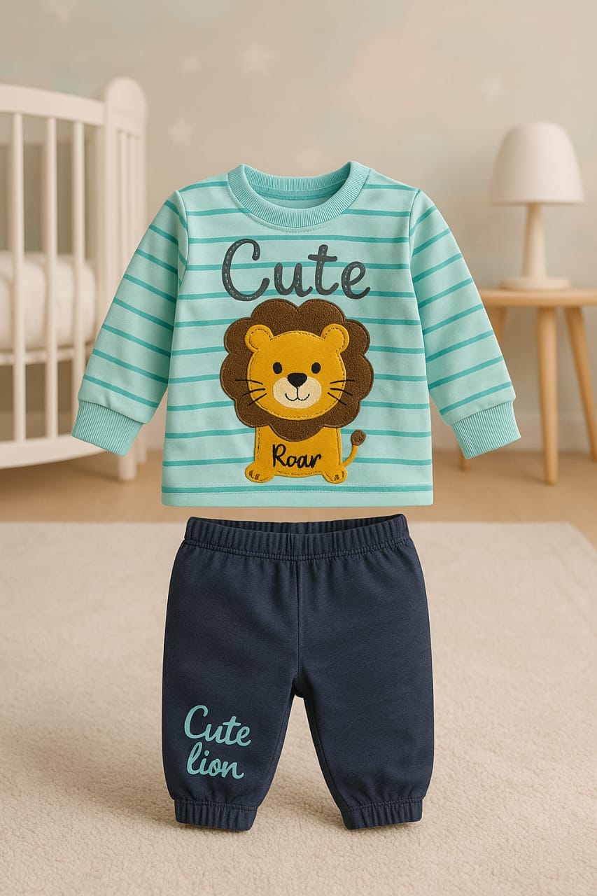 Roar & Explore: 2-Piece Organic Baby Outfit Set – Lion Tee & Navy Pants