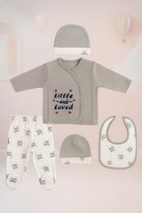 Little & Loved" 4-Piece Baby Outfit Set – Cozy Taupe with Heart Accents