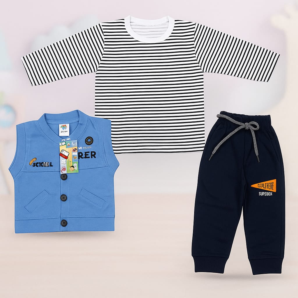 Baby Boy Winter Outfit 3 Piece Set | Full Sleeve Striped Shirt