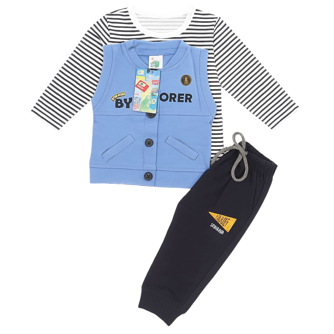Baby Boy Winter Outfit 3 Piece Set | Full Sleeve Striped Shirt