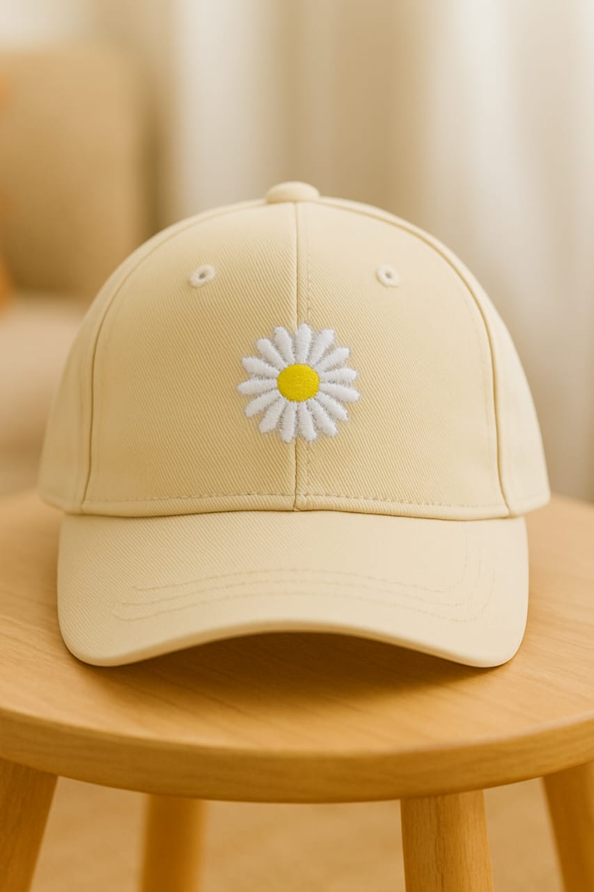 Sunny Daisy Toddler Cap – Beige Embroidered Charm