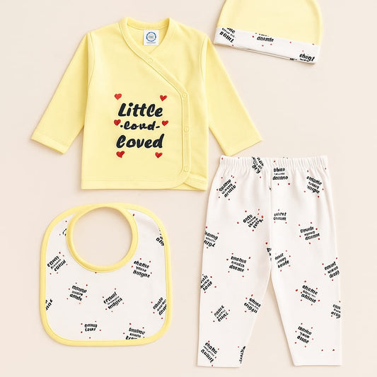 Little & Loved" 4-Piece Baby Outfit Set – Cozy Taupe with Heart Accents