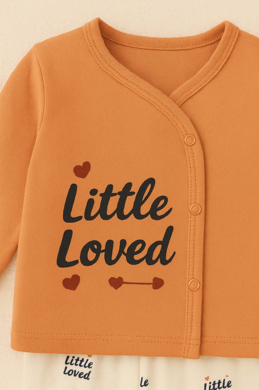 Little & Loved" 4-Piece Baby Outfit Set – Cozy Taupe with Heart Accents