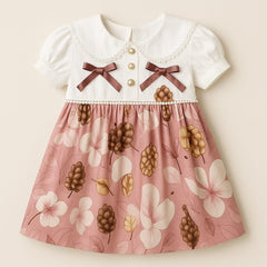 Autumn Bloom Baby Frock – Pearl Button Dress with Floral Skirt & Bow Accents