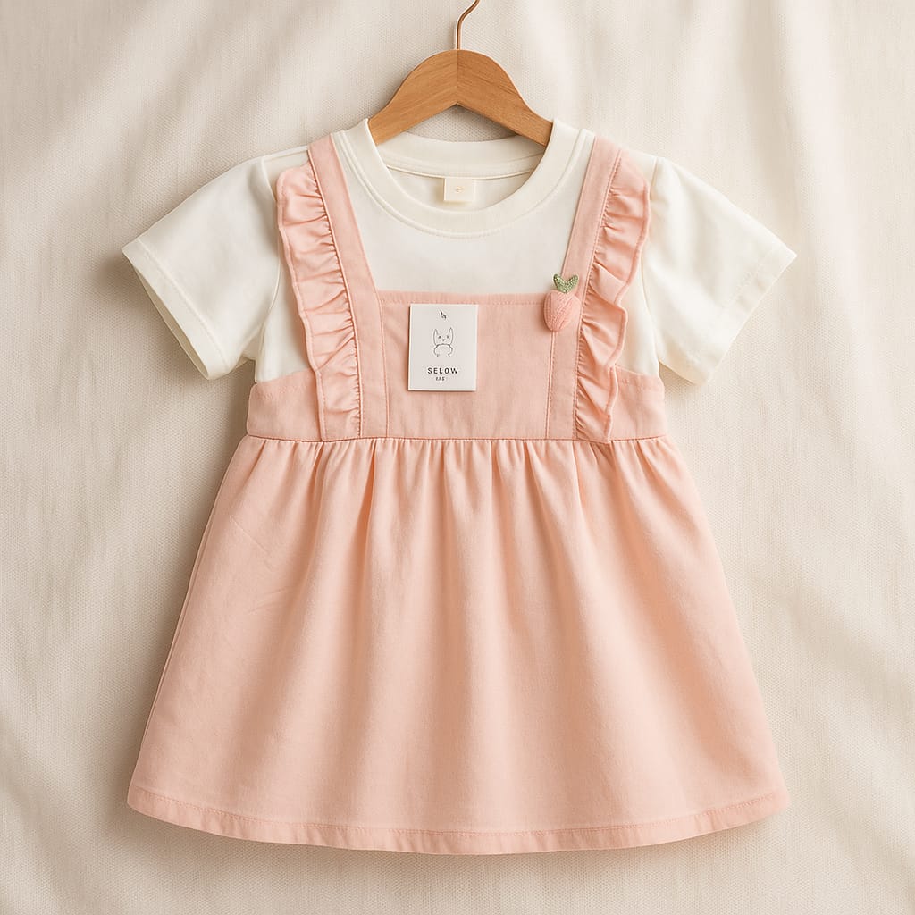 Peachy Ruffle Baby Girl Dress Set – Soft Cotton Pinafore with Tee