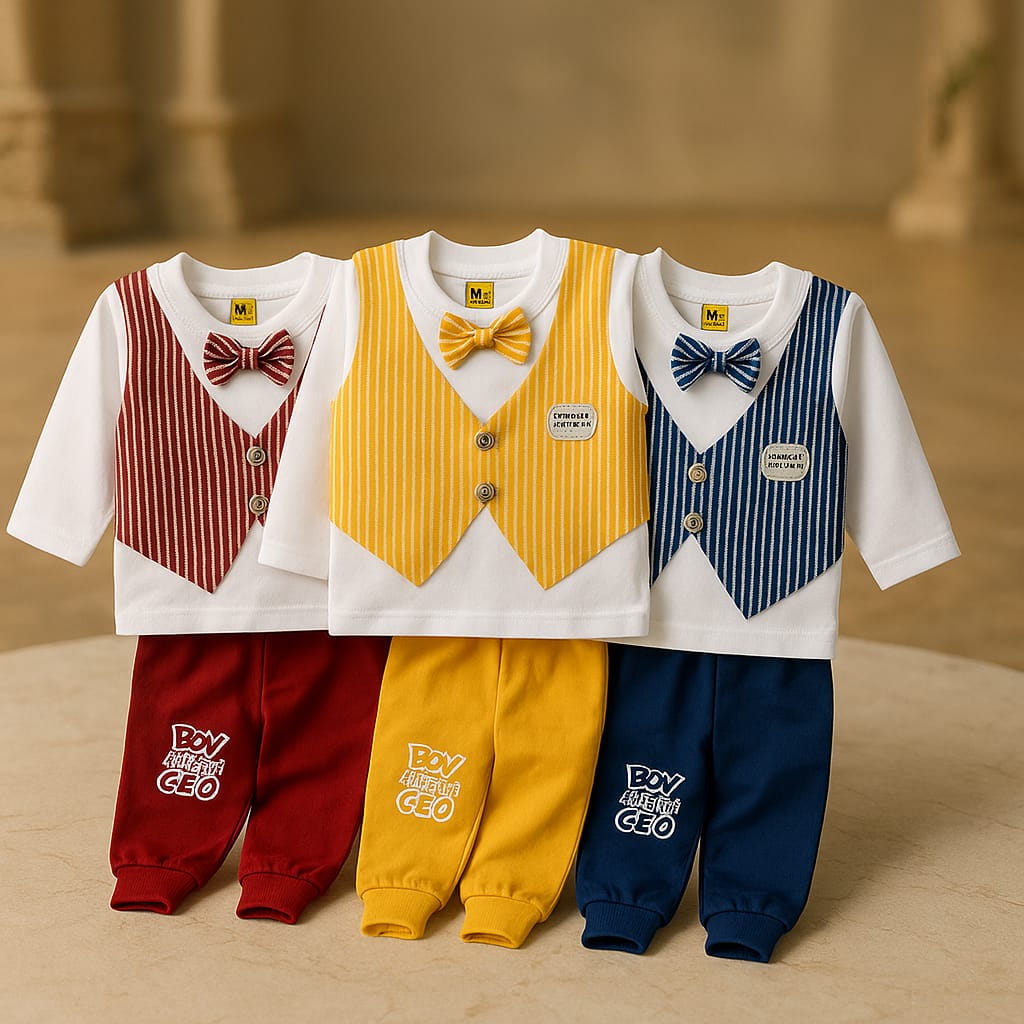 Baby Boy Party Suit Set – Stylish Shirt & Pants with Bow Tie (3 Colors)