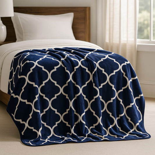 Soft Printed Blanket for Bed – Navy Blue with White Pattern
