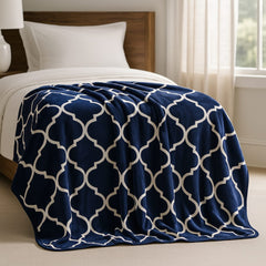 Soft Printed Blanket for Bed – Navy Blue with White Pattern