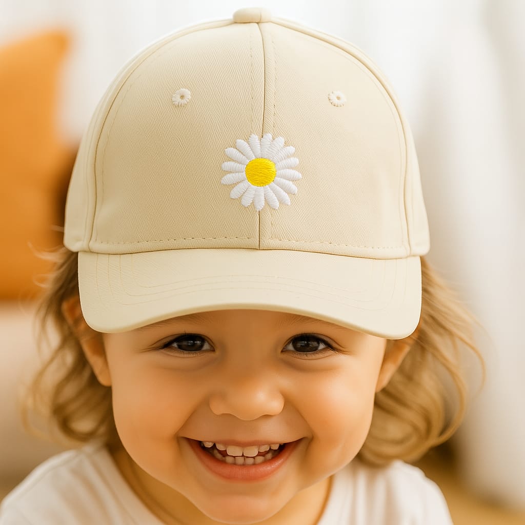 Sunny Daisy Toddler Cap – Beige Embroidered Charm